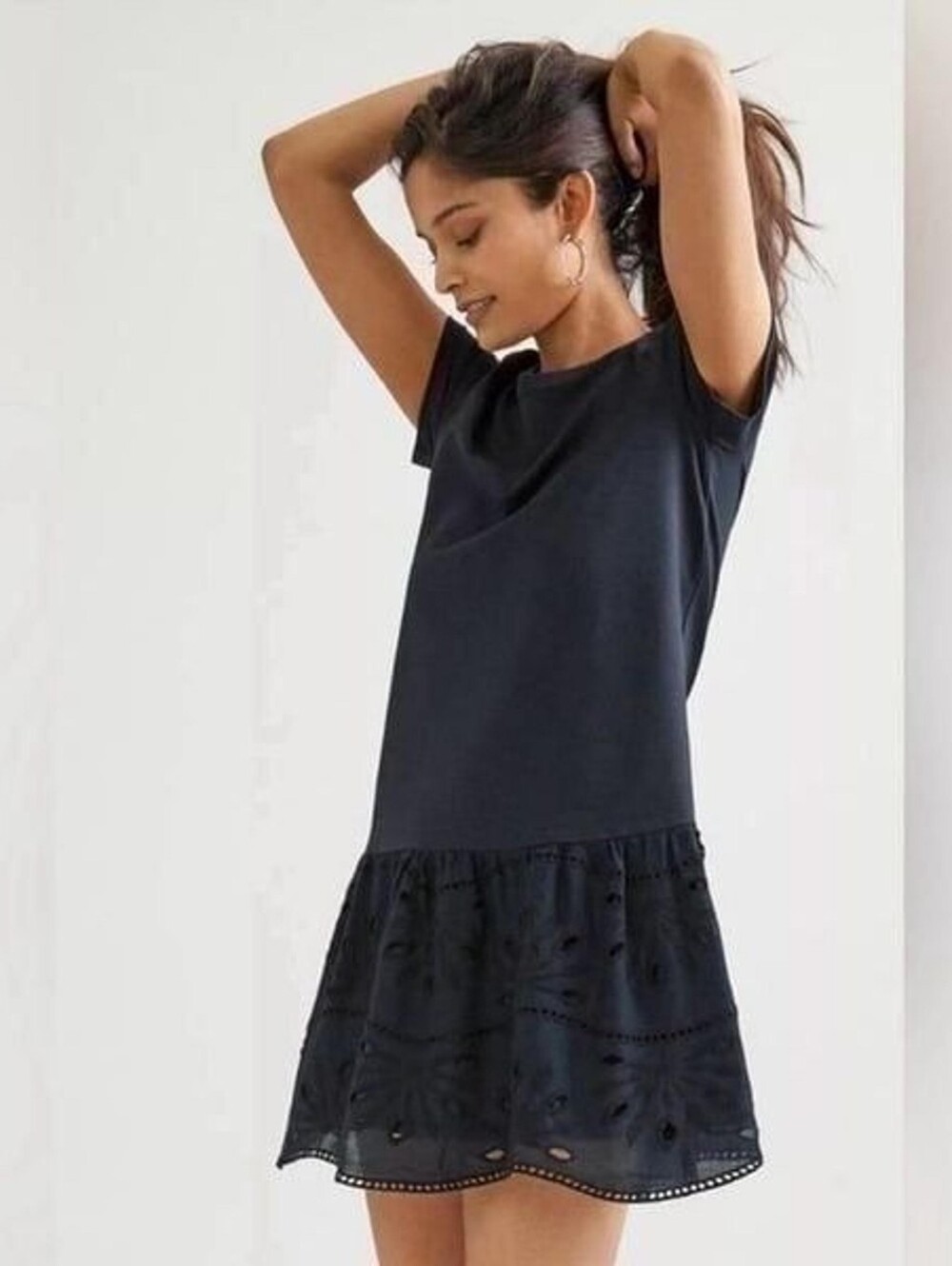 Maeve By Anthropologie Black Short Sleeve Tee Dress with Eyelet Hem.